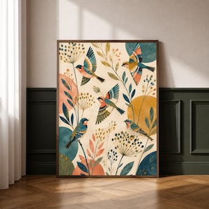 Vildfinkverkstaden | Skandinavisk finkväggkonst | Färgglad fågeltryck | Japandi botanisk dekor | Modern naturposter |