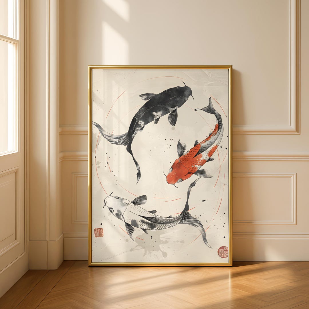 Koi Fish Yin Yang Wall Art, Japanese Koi Print, Japandi Decor, Zen ...