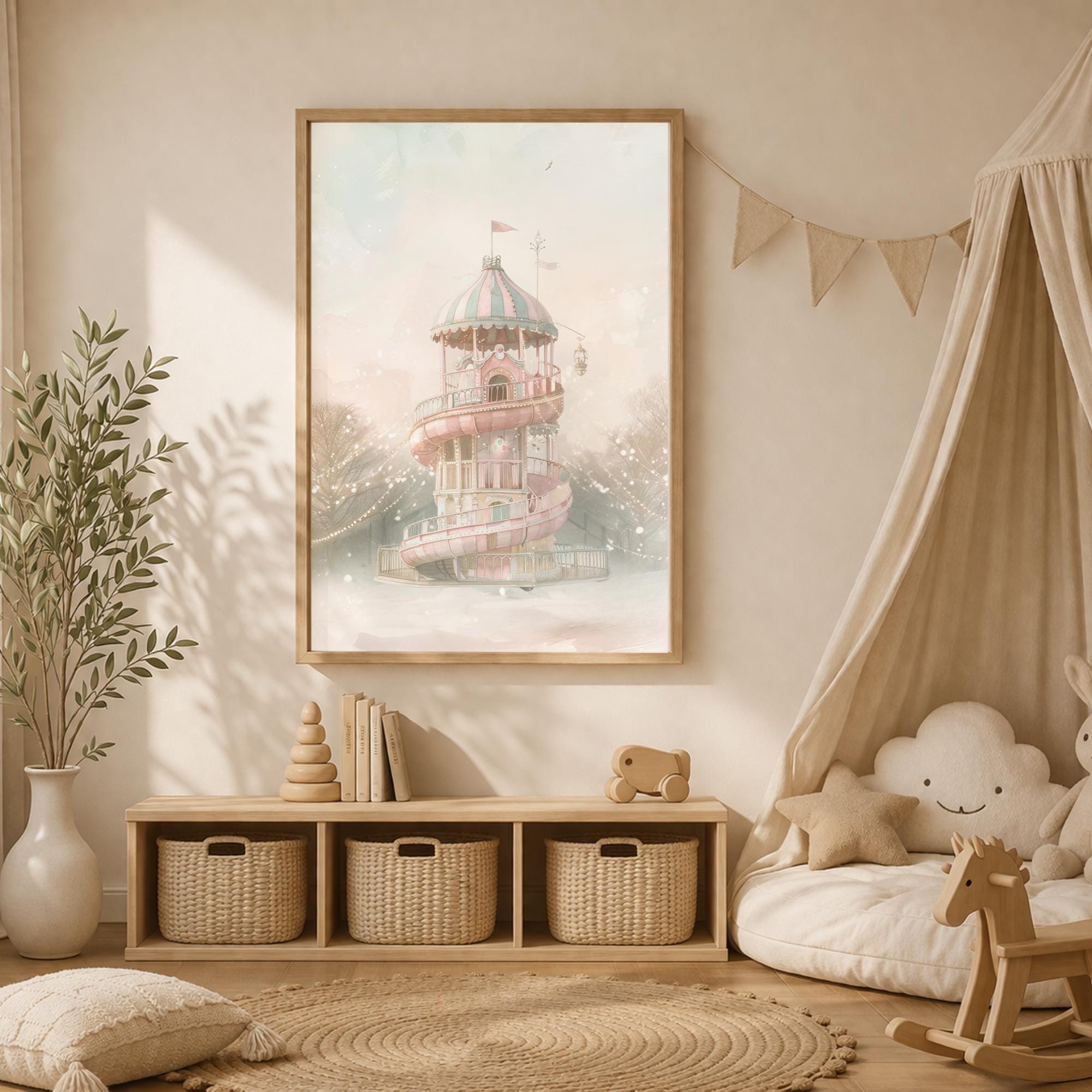 Fairytale Carousel Tower Print | Pastel Nursery Wall Art | Whimsical ...