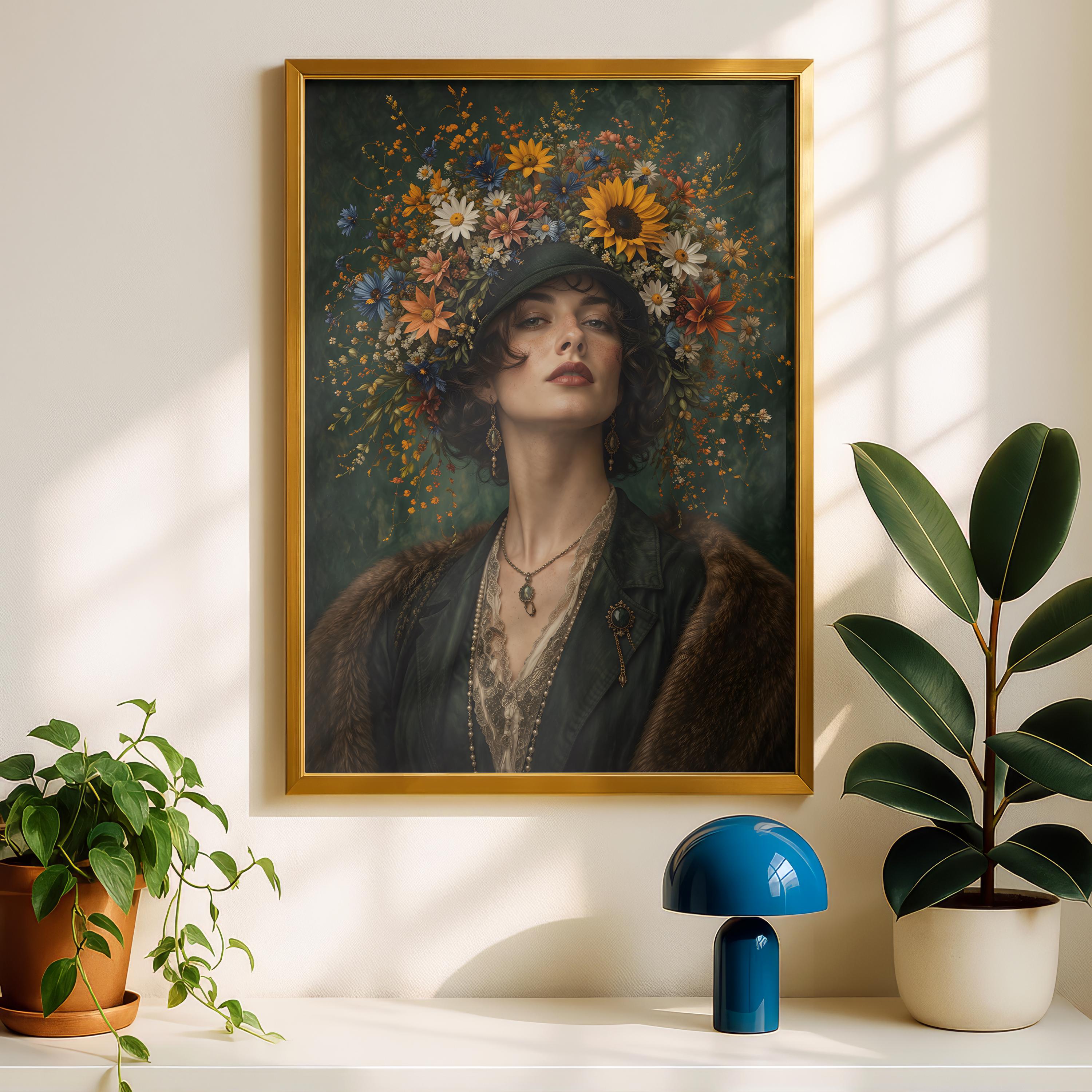 Vintage Floral Woman Portrait Print | Botanical Crown Art | Elegant ...
