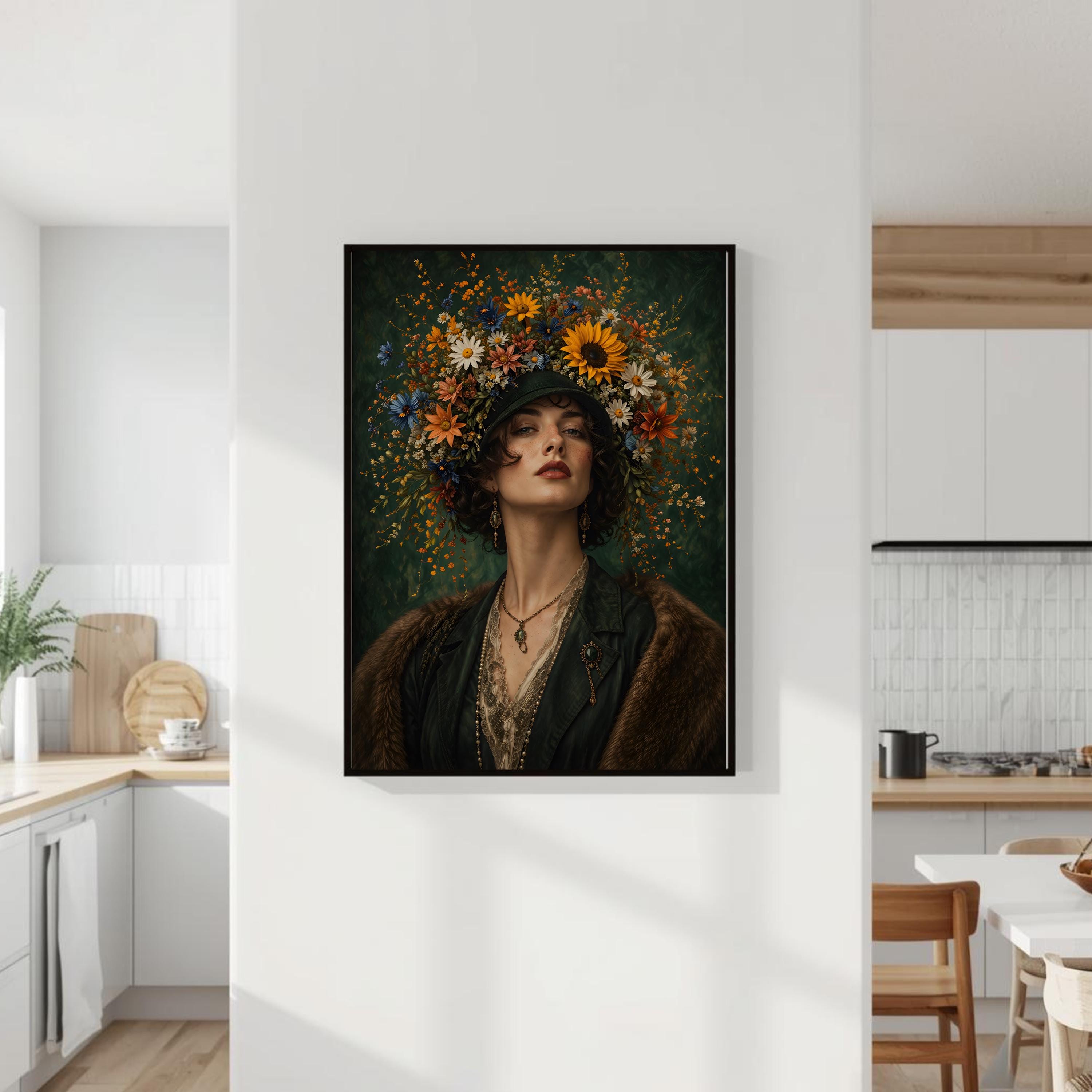 Vintage Floral Woman Portrait Print | Botanical Crown Art | Elegant ...
