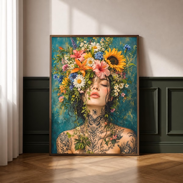 Floral Woman Portrait Print | Tattooed Girl Botanical Artwork | Boho Nature Decor