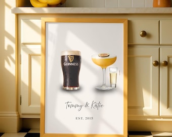 Lámina personalizada de cócteles para parejas / Ilustración realista de bebidas a medida / Arte para bares, regalo de aniversario