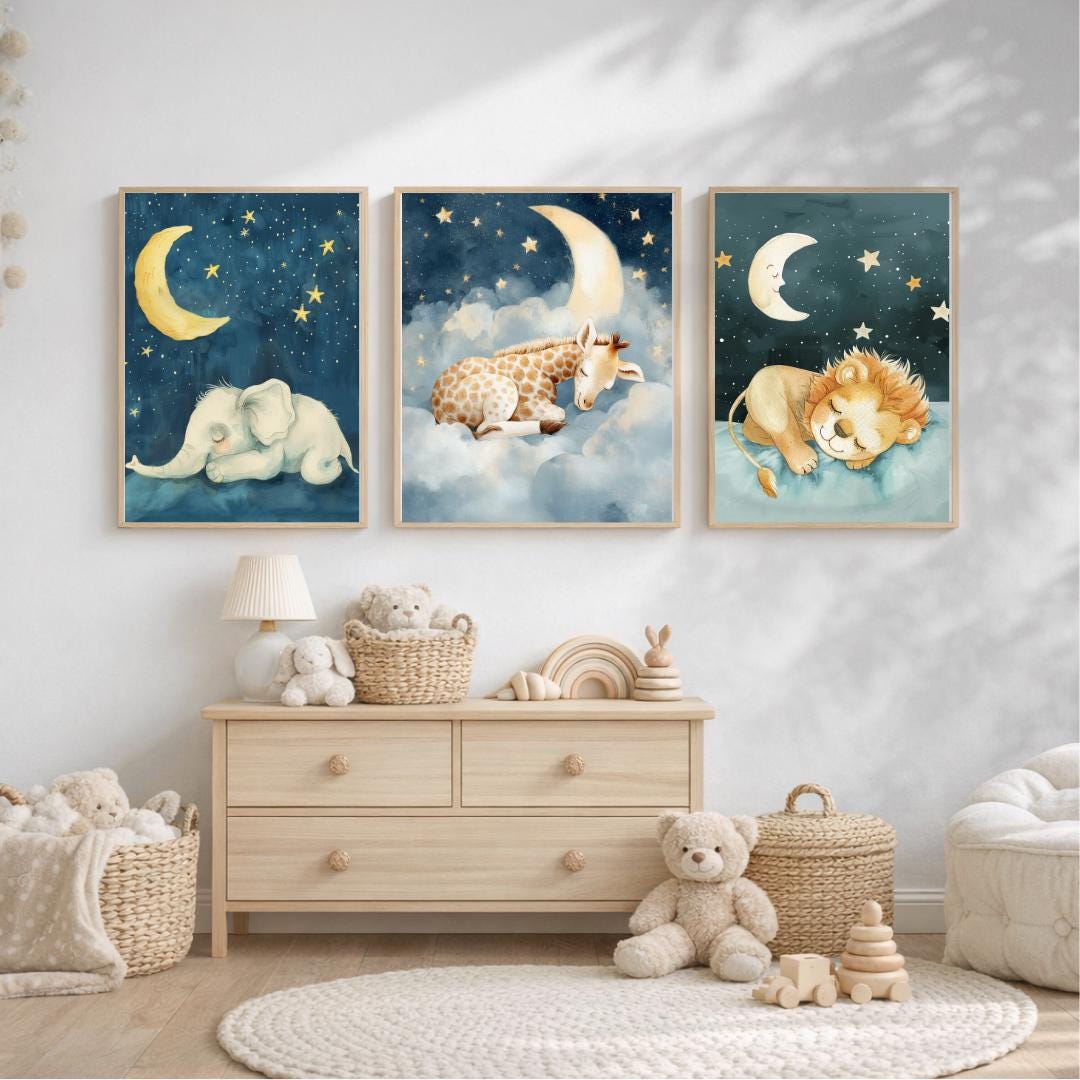 Sleeping Safari Nursery Prints Set of 3 | Giraffe Elephant Lion Wall ...