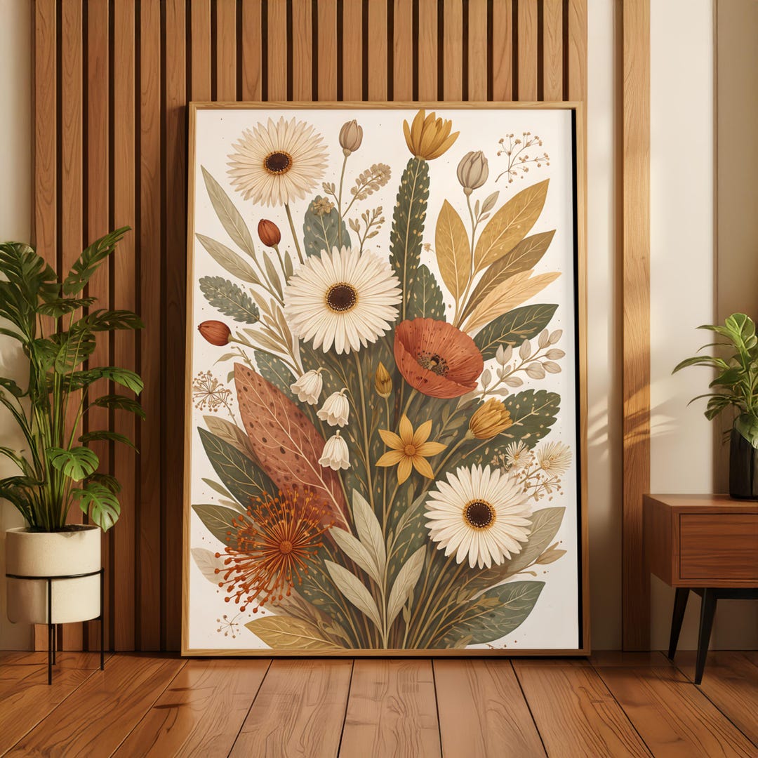 Boho Botanical Floral Wall Art Print, Neutral Wildflower Illustration ...