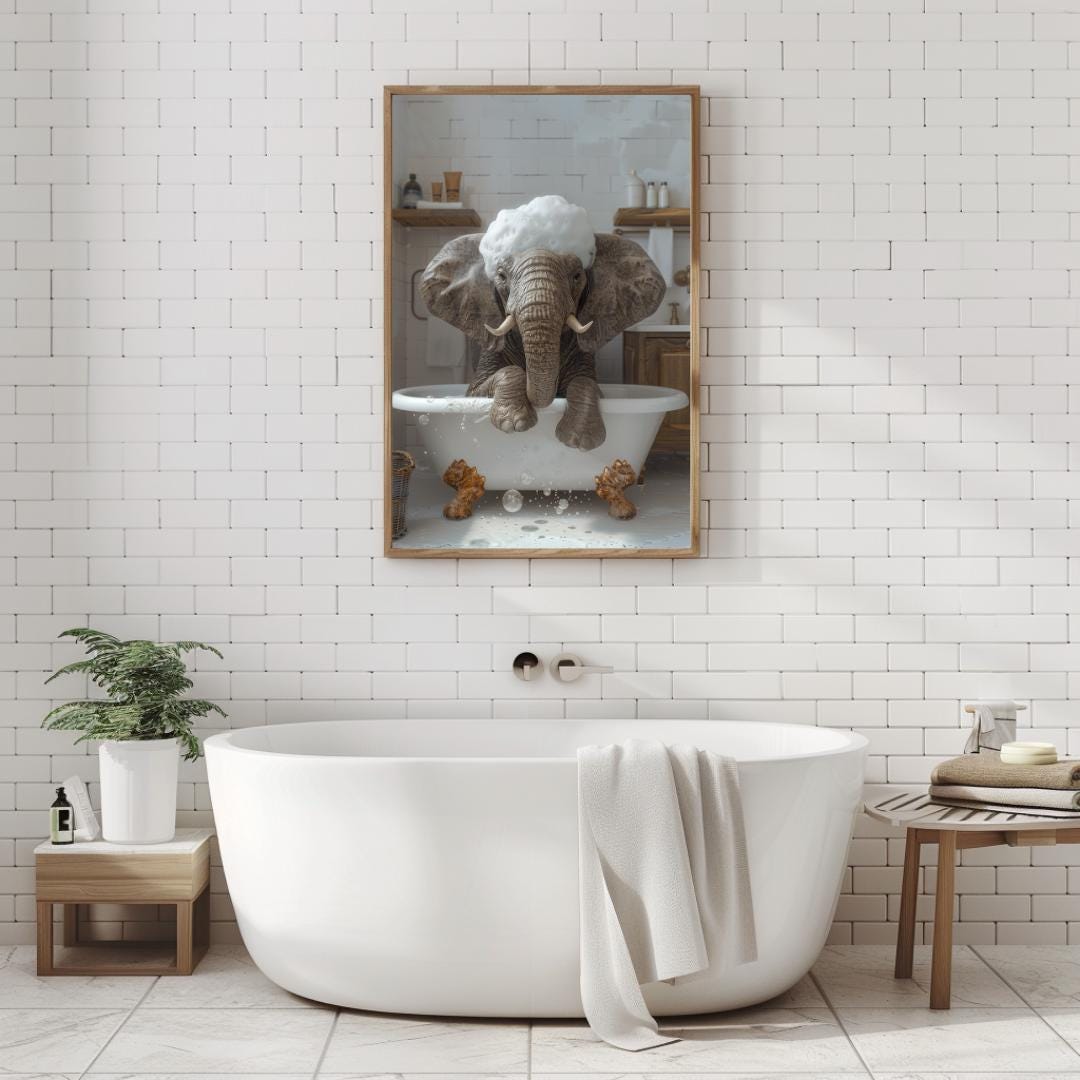 Funny Elephant in Bathtub Wall Art, Realistic Animal Bathroom Decor ...