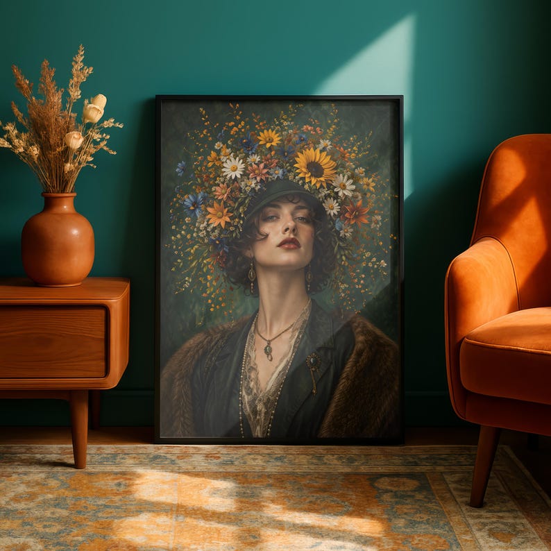 Vintage Floral Woman Portrait Print | Botanical Crown Art | Elegant ...
