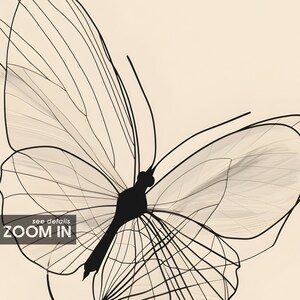 May include: A black line art illustration of a butterfly on a cream background. The butterfly features a solid black body and delicate, thin black lines forming the wing patterns. The text "see details ZOOM IN" is visible in the lower left corner.
