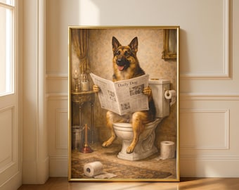 Può includere: Una stampa incorniciata raffigura un pastore tedesco seduto su un water, che legge un giornale intitolato "Daily Dog". L'opera d'arte ha uno stile vintage con una cornice dorata e un tema umoristico.