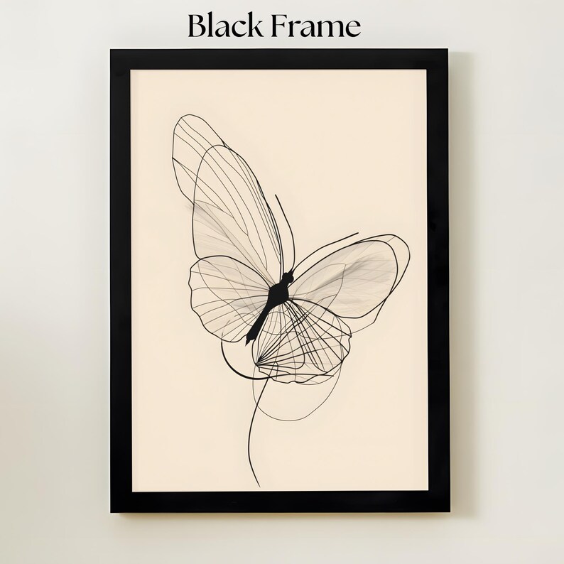 May include: A framed wall art piece featuring a black line drawing of a butterfly on a cream-colored background. The artwork is enclosed in a black frame. The text Black Frame is printed above the artwork. The butterfly design consists of thin, overlapping black lines that form the wings and body, creating a delicate, layered appearance.