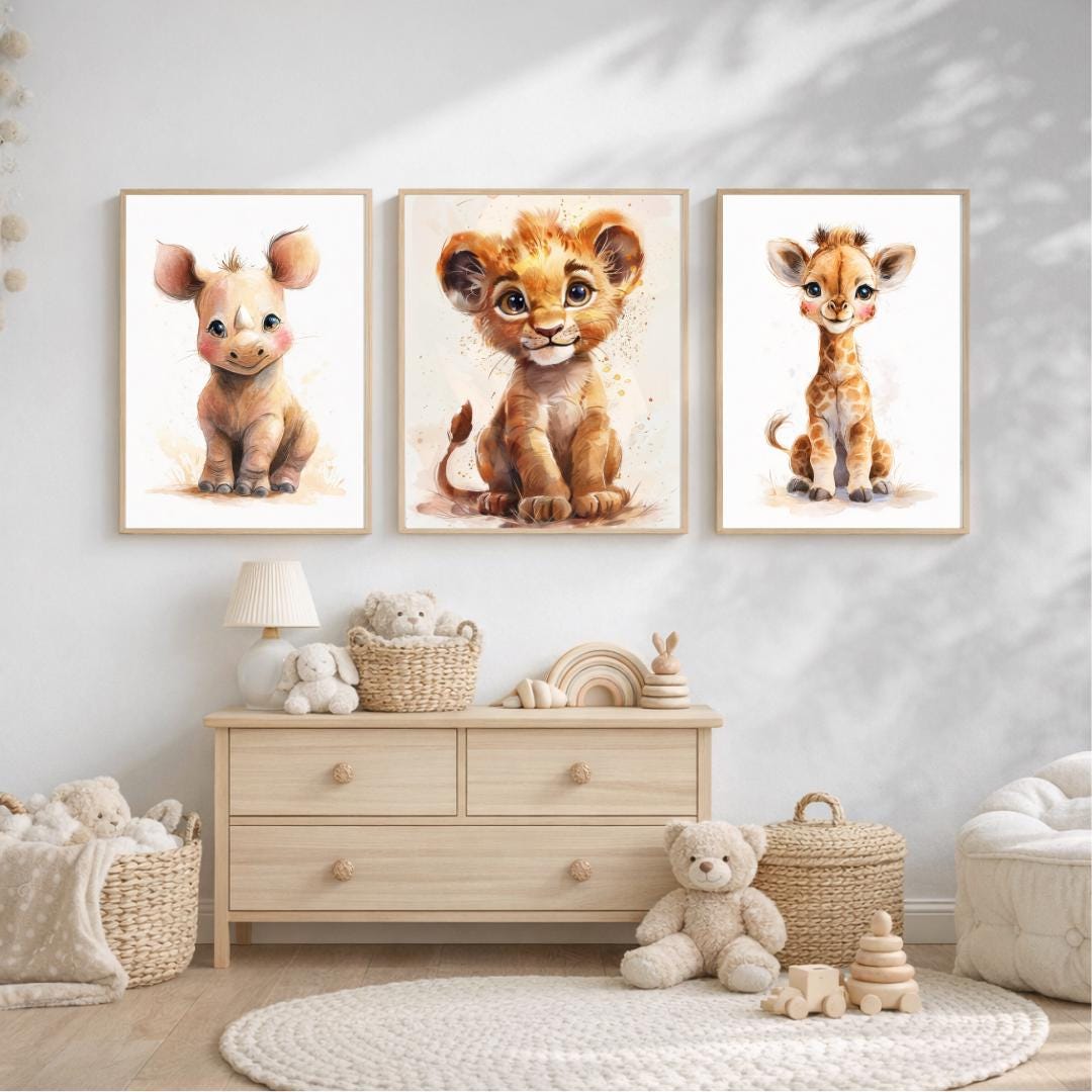 Safari Baby Prints Set of 3 | Cute Jungle Nursery Wall Art | Lion ...