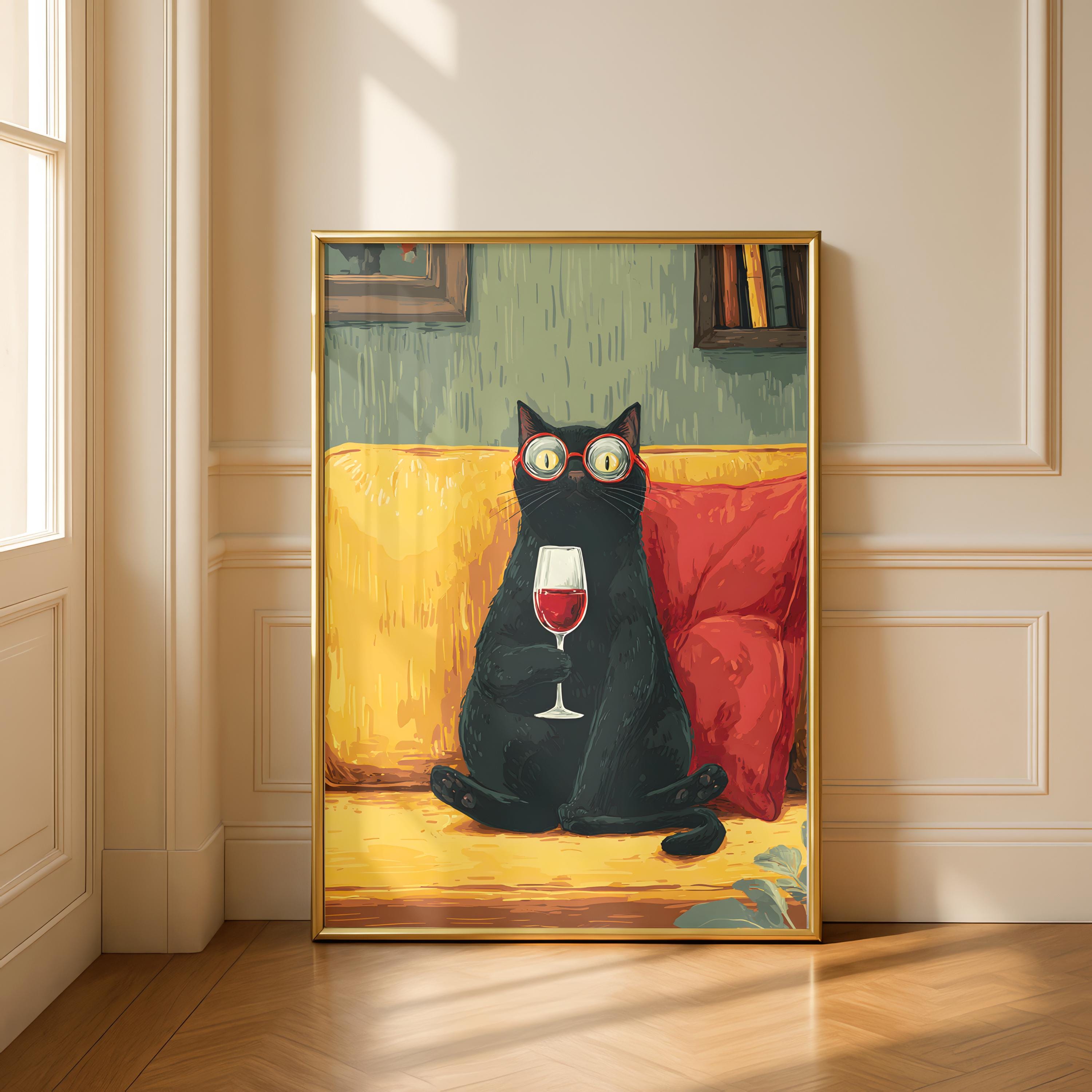 Funny Black Cat Wine Art Print | Cute Cat With Glass Poster | Wine ...