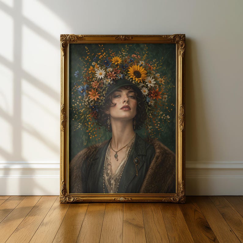Vintage Floral Woman Portrait Print | Botanical Crown Art | Elegant ...