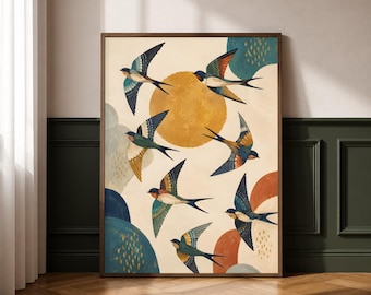 The Golden Swallow Collection | Scandinavian Swallow Wall Art | Flying Birds Print | Modern Japandi Nature Decor | Colorful Bird Poster |