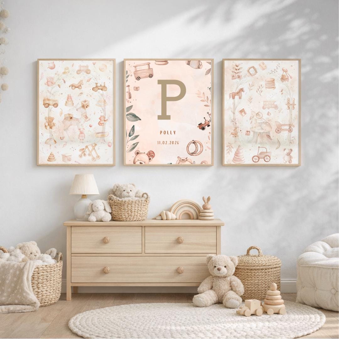 Personalised Nursery Wall Art Set | Baby Name Initial Print | Toy Theme ...