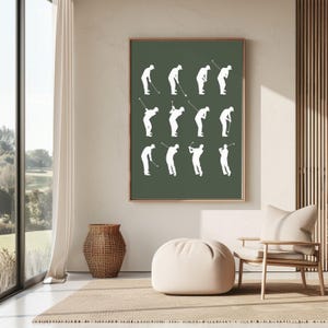 Può includere: Una stampa artistica da parete rettangolare con uno sfondo verde oliva scuro e dodici sagome bianche di un golfista che mostrano le fasi sequenziali di uno swing da golf, disposte in tre file da quattro figure all'interno di una sottile cornice in legno.