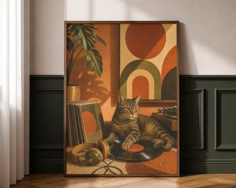 May include: A framed print featuring a tabby cat lounging on a rug next to a record player and headphones. The artwork has a retro aesthetic with warm orange and brown tones, and a mid-century modern design.