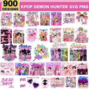 May include: A selection of 900 KPOP Demon Hunter SVG PNG designs. The designs feature anime-style characters, text that says "SAJABOYS", and other text. The color palette includes pink, purple, and blue.