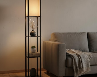Black Wooden Floor Lamp with Shelves Modern Storage Standing Light for Living Room Bedroom, Includes 10W Bulb, Home Essential, Decor