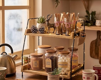 Wooden Organizer 2 Tier Coffee Station Countertop Shelf Coffee Bar Storage Rack Kitchen Bathroom Display Stand Home Decor Decorations