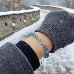 Blue Flash Moonstone Bracelet with Korean Traditional Charm, Subtle K-Pop Demon Hunters Inspired Jewelry