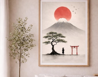 Peut inclure: Impression d'art encadrée représentant un paysage japonais. L'œuvre présente un soleil rouge, une montagne enneigée, un arbre, une silhouette et une porte torii rouge. L'impression est encadrée dans un cadre en bois clair.