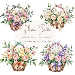 Bundle de cliparts pour panier de fleurs aquarelle, ensemble de fleurs printanières PNG JPG (téléchargement numérique)