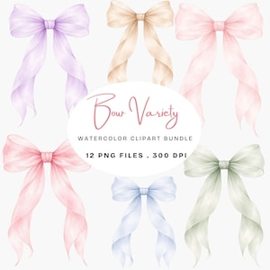 Könnte beinhalten: Aquarell-Clipart-Bundle mit sechs Schleifen in verschiedenen Pastellfarben: Lavendel, Beige, Rosa, Hellblau und Salbeigrün. Die Schleifen haben lange, fließende Bänder. Der Text lautet "Bow Variety" und "Watercolor Clipart Bundle".