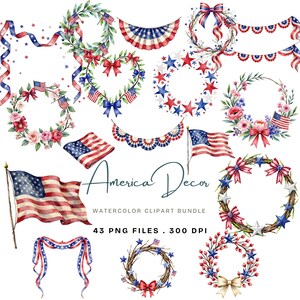 May include: A collection of watercolour clipart featuring American patriotic decorations. Includes wreaths, garlands, flags, and stars in red, white, and blue. The text "America Decor" is displayed, along with file details.