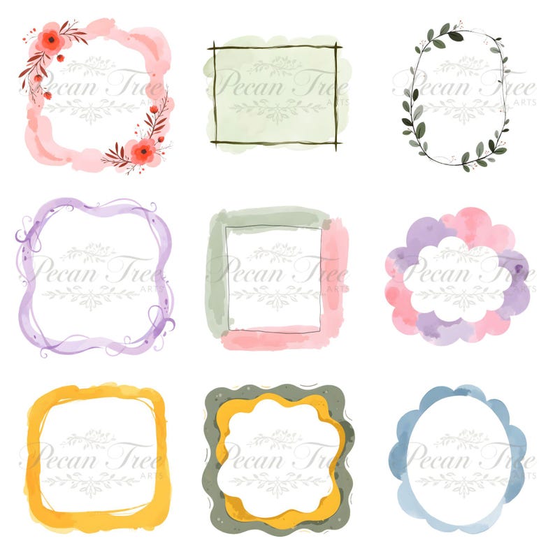 May include: Nine watercolor frames in various shapes and colors, including pink, green, purple, yellow, and blue. Some frames feature floral or leaf accents, while others have simple geometric designs. The text "Pecan Tree Arts" is visible in each frame.