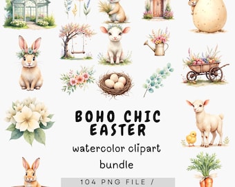 Paquete de imágenes prediseñadas de Pascua en acuarela / Ilustraciones de primavera / Conejito pastel / Huevos (Descarga digital)