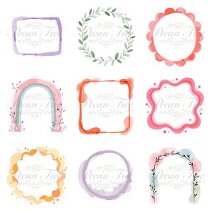 May include: Nine watercolor frames in various shapes and colors. Includes a purple square, a green leaf wreath, a scalloped red circle, a rainbow arch, an orange square, a pink wavy frame, an orange scalloped circle, a purple circle, and a floral arch.