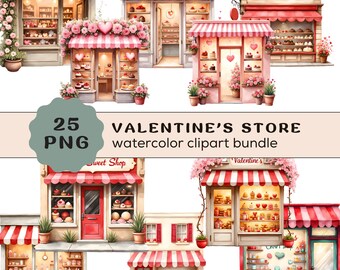 Puede incluir: Conjunto de imágenes prediseñadas de acuarela con múltiples tiendas de dulces temáticas de San Valentín. Cada tienda tiene un toldo a rayas rojas y blancas, flores rosas y decoraciones de corazón. Las tiendas están llenas de pasteles, pasteles y otras golosinas.