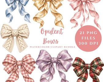 Puede incluir: Una colección digital de ocho ilustraciones en acuarela que muestran varios lazos en azul, dorado, rosa, tejido de cable crema, cuadros vichy rosas, lavanda y tartán rojo y verde, con el texto Opulent Bows 21 PNG FILES 300 DPI.