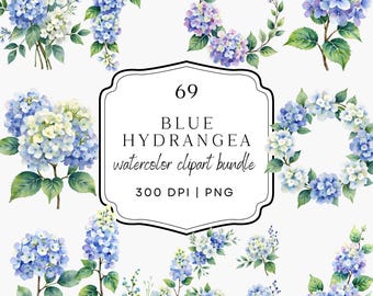 Puede incluir: Un paquete de imágenes prediseñadas de acuarela con 69 arreglos florales de hortensias azules. La imagen incluye varios arreglos, como ramos, coronas y tallos de flores individuales, con hojas y tallos verdes. El texto en la imagen dice "Blue Hydrangea watercolor clipart bundle 300 DPI | PNG".