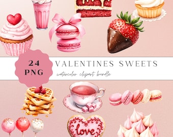 Puede incluir: Ilustración en acuarela de varios dulces de San Valentín, que incluyen cupcakes, macarons, rebanadas de pastel y fresas cubiertas de chocolate. La imagen también presenta gofres, cake pops y una galleta en forma de corazón con la palabra "love". Se muestra el texto "VALENTINES SWEETS".