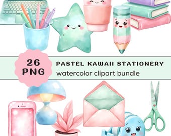 Puede incluir: Paquete de imágenes prediseñadas de acuarela de papelería pastel kawaii. Incluye una computadora portátil, bolígrafos, una taza de café, una estrella, un lápiz, libros, una lámpara, un teléfono, una planta, un sobre, un dispensador de cinta adhesiva y tijeras. El texto "26 PNG" y "PASTEL KAWAII STATIONERY watercolor clipart bundle."
