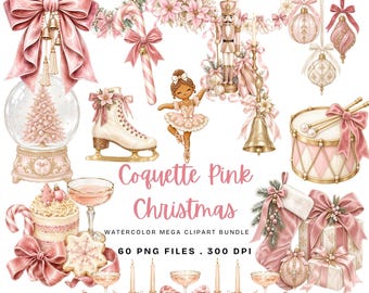 Puede incluir: Una colección digital de ilustraciones navideñas en acuarela en tonos rosa, que incluye un lazo grande, una bola de nieve, patines de hielo, una bailarina, un cascanueces, un tambor, adornos, regalos y el texto Coquette Pink Christmas Watercolor Mega Clipart Bundle 60 PNG Files 300 DPI.