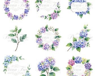 Può includere: Disegni floreali ad acquerello con ortensie e verde in varie composizioni. Include ghirlande, design angolari e gruppi di fiori singoli. La tavolozza dei colori comprende sfumature di blu, viola e verde.