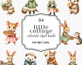 Puede incluir: Una colección de imágenes prediseñadas de acuarela con adorables criaturas del bosque, incluyendo un conejo, un zorro, un erizo y un ratón. La imagen incluye el texto "84 Little Cottage watercolor clipart bundle". Las ilustraciones son en colores pastel suaves.