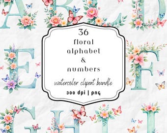 Puede incluir: Paquete de imágenes prediseñadas de acuarela con las letras del alfabeto de la A a la J, adornadas con arreglos florales y mariposas. Las letras son de un color verde azulado suave, con flores rosas y amarillas. La imagen incluye el texto "36 floral alphabet & numbers watercolor clipart bundle".