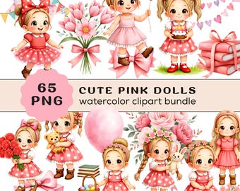 Puede incluir: Un conjunto de imágenes prediseñadas de acuarela con múltiples muñecas rosas lindas en varias poses. Las muñecas visten vestidos rosas y tienen cabello rubio. La imagen incluye el texto "Cute Pink Dolls watercolor clipart bundle."