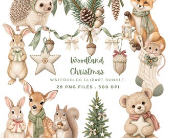Puede incluir: Un conjunto de ilustraciones en acuarela Woodland Christmas con un erizo, zorro, ciervo, ardilla, oso y conejos, ramas de pino, bellotas y adornos. Texto: Woodland Christmas WATERCOLOR CLIPART BUNDLE 29 PNG FILES . 300 DPI.