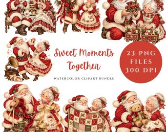 Paquete de imágenes prediseñadas navideñas de Papá Noel y la Sra. Claus, 23 imágenes PNG de acuarela vintage, pareja navideña acogedora, álbumes de recortes navideños, gráficos para diarios creativos.