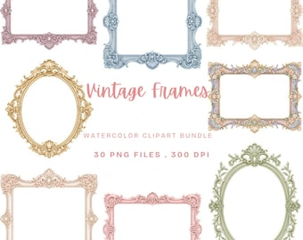 May include: A collection of eight ornate picture frames in various shapes and pastel colors, including pink, blue, gold, and green. The text reads Vintage Frames, Watercolor Clipart Bundle, 30 PNG Files, 300 DPI. Each frame features intricate scrollwork.