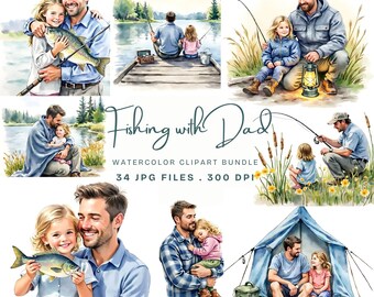 Puede incluir: Conjunto de imágenes prediseñadas de acuarela que representan escenas de un padre y su hijo pescando juntos. Las imágenes muestran varios momentos, incluyendo sosteniendo un pez, pescando desde un muelle y acampando. El texto "Fishing with Dad" está incluido.