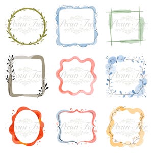 May include: Nine watercolor frames in various shapes and colors. The frames include a green wreath, a blue cloud-edged square, a green square, a gray rectangle with black leaves, a pink wavy frame, a blue and green floral square, an orange oval, a blue and pink ornate frame, and a yellow and orange frame.