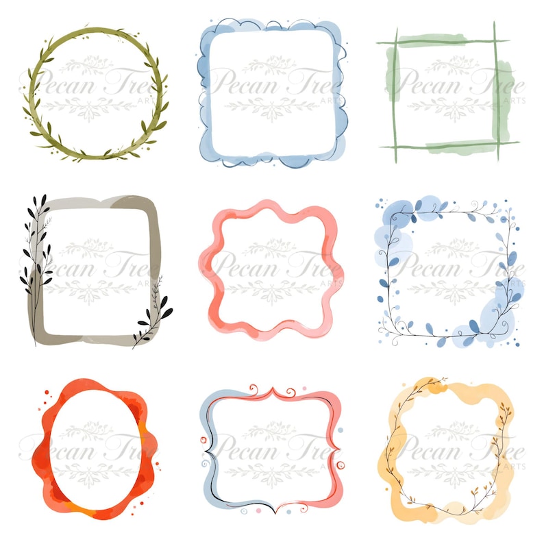 May include: Nine watercolor frames in various shapes and colors. The frames include a green wreath, a blue cloud-edged square, a green square, a gray rectangle with black leaves, a pink wavy frame, a blue and green floral square, an orange oval, a blue and pink ornate frame, and a yellow and orange frame.