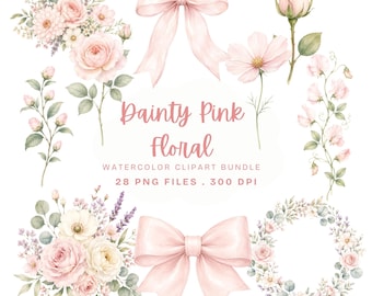 Puede incluir: Una colección digital de ilustraciones en acuarela que presenta rosas de color rosa claro, ramos florales, lazos y una corona. El texto dice Dainty Pink Floral WATERCOLOR CLIPART BUNDLE 28 PNG FILES . 300 DPI. Elementos sobre fondo blanco.