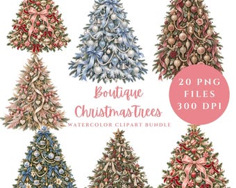 Puede incluir: Una colección digital de siete árboles de Navidad ilustrados decorados con cintas, adornos y guirnaldas. El texto dice Boutique ChristmasTrees WATERCOLOR CLIPART BUNDLE y 20 PNG FILES 300 DPI. Los árboles presentan diversas paletas de colores.